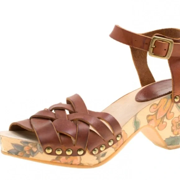 Isabel Marant Brown Leather Floral Heel Platform Sandals - Picture 1 of 8